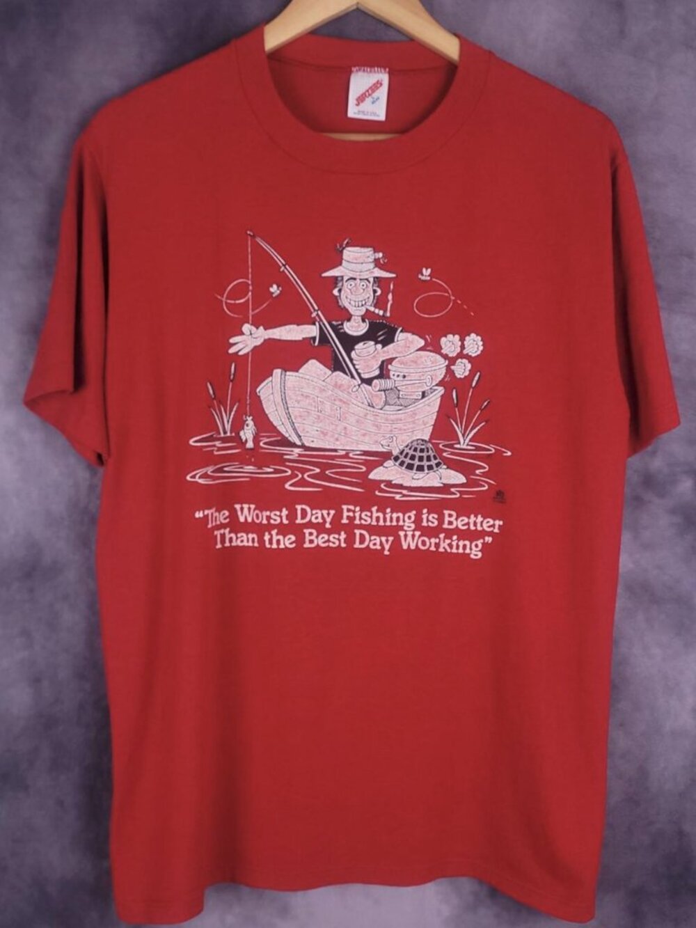 Vintage 80s Jerzees red fishing cartoon graphic shirt